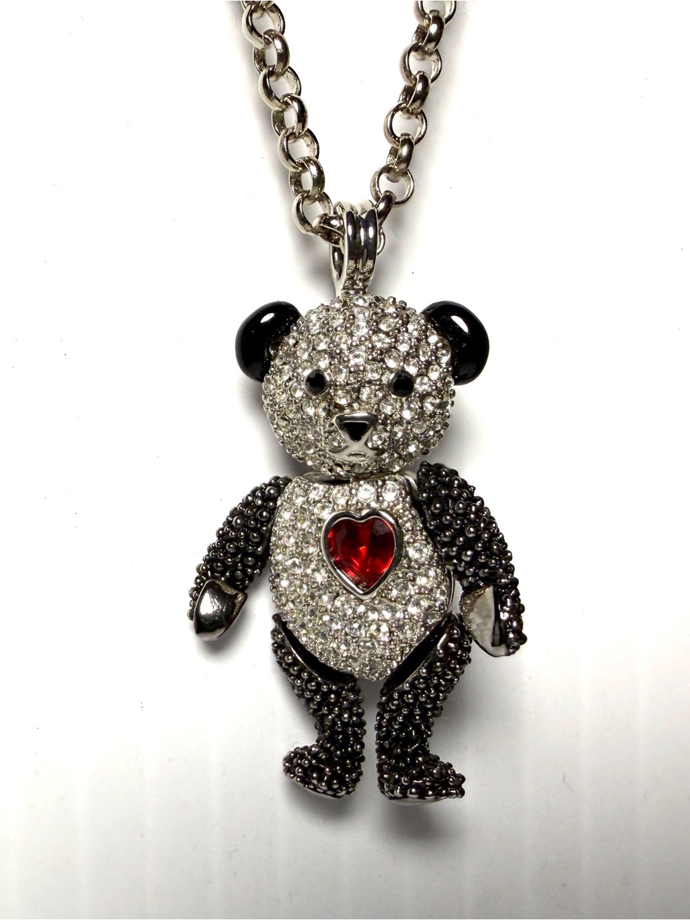 PJM Crystal Teddy Bear Pendant Necklace with Red Heart Accent